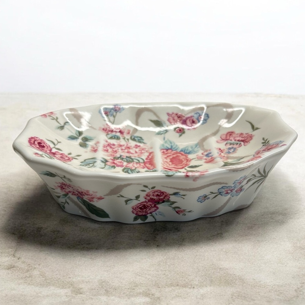 Vintage Ceramic 80’s Soap Dish Peony Ribbon Pattern Scalloped Edge Made In Japan